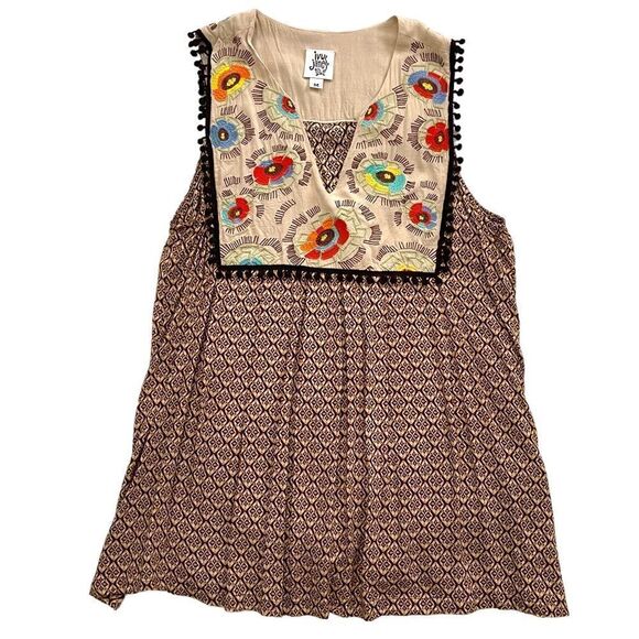 Ivy Jane Embroidered Notched Bib Pom Pom Trim Patterned Swing Sleeveless Top - Picture 7 of 16